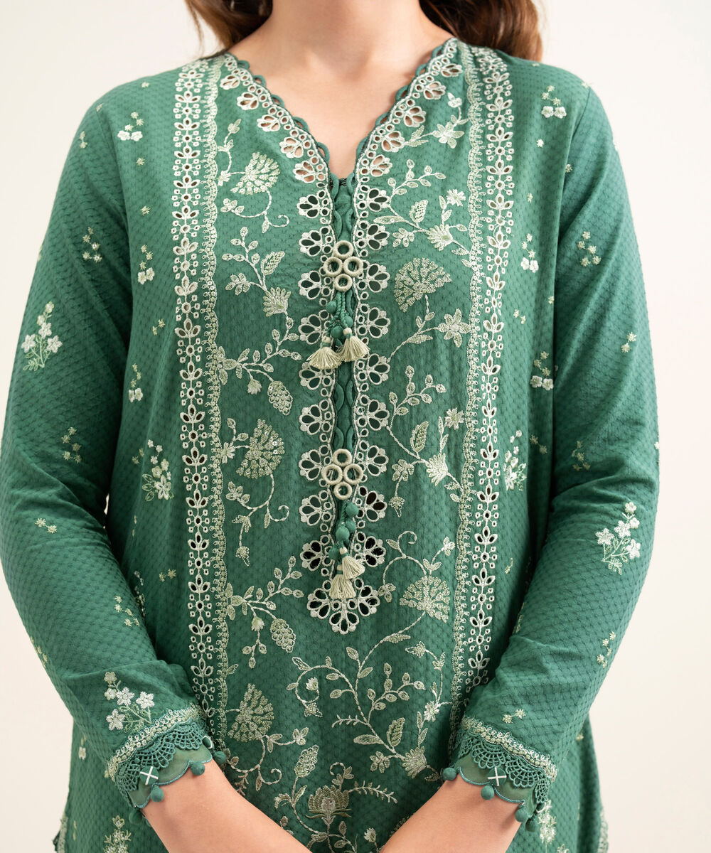 Women's Unstitched Dobby Embroidered Green 3 Piece Suit