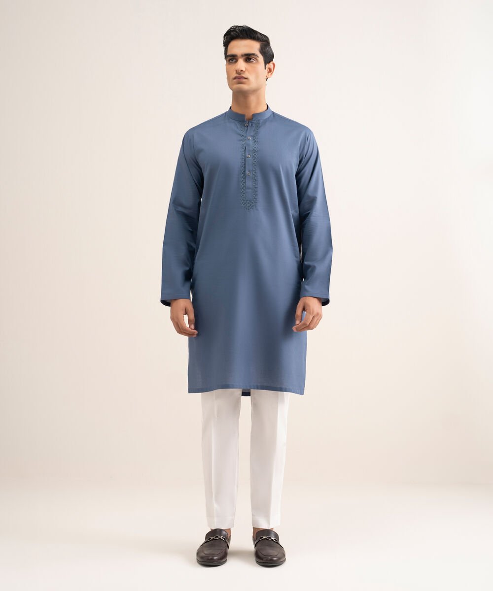Men'S Stitched Blue Cotton Jacquard Kurta