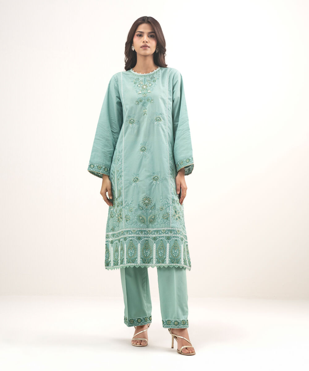 Women's RTW Zari Lawn Embroidered Green  2 Piece Suit