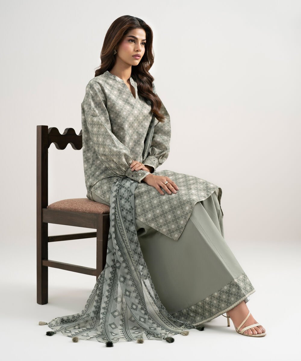 Women's Unstitched Zari Lawn Printed Grey 3 Piece Suit