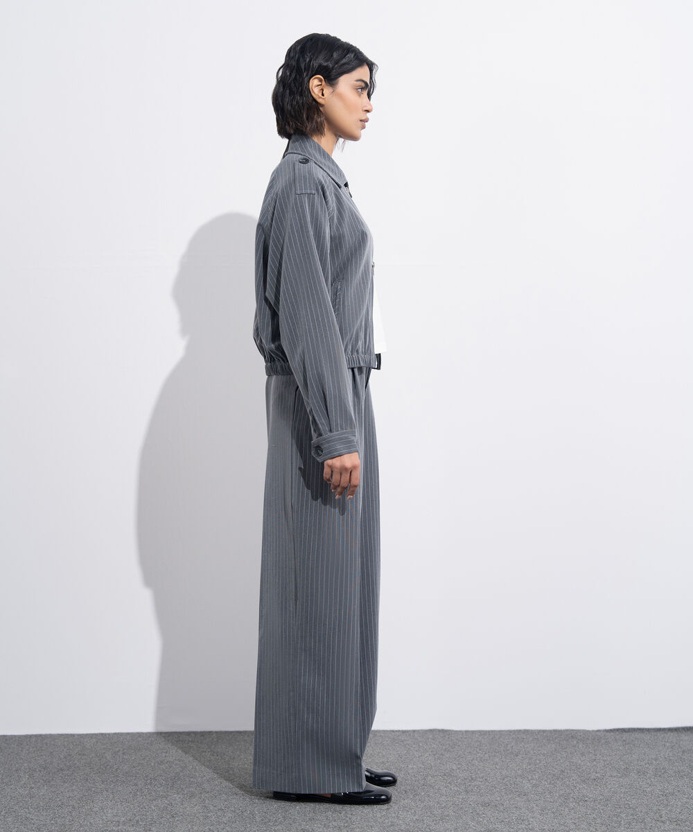 Women's Western Wear Grey Zip Up Striped Bomber Jacket