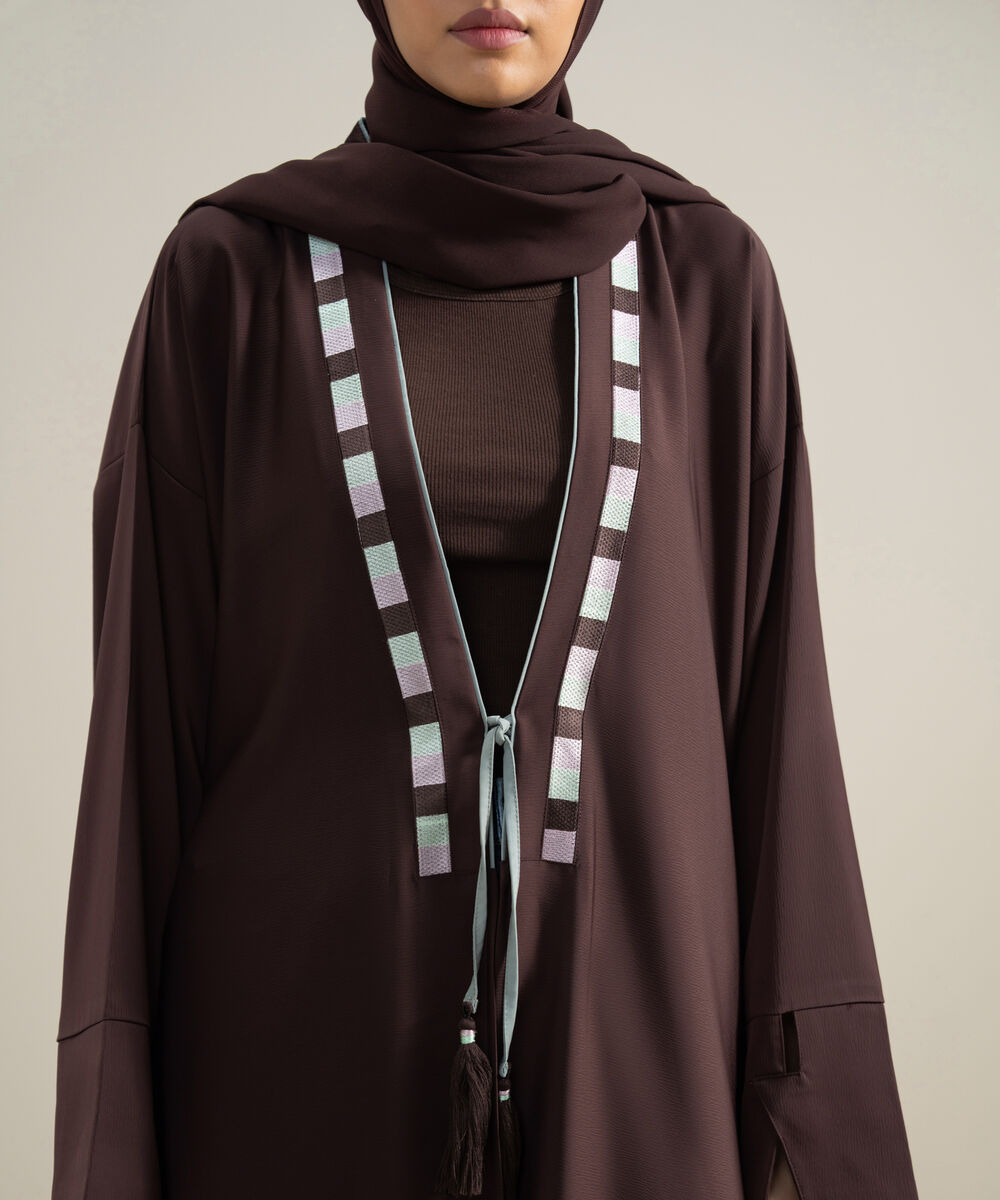 Women's Polyester Brown Embroidered Kimono Abbaya Set