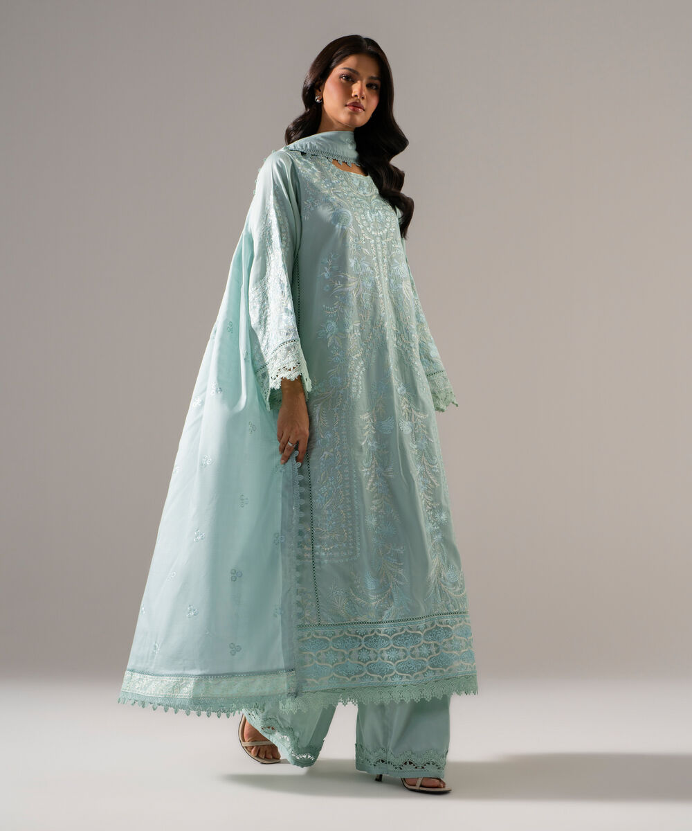Women's RTW Cotton Satin Solid Embroidered Blue 3 Piece Suit