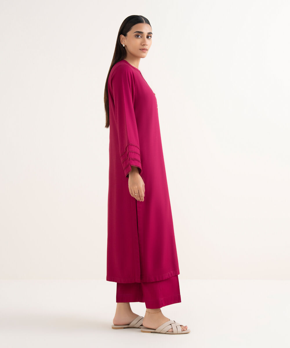 Women's RTW Textured Arabic Pink Solid Straight Shirt