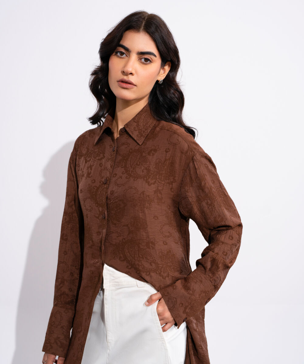 Women's Brown Textured Button Through Dress