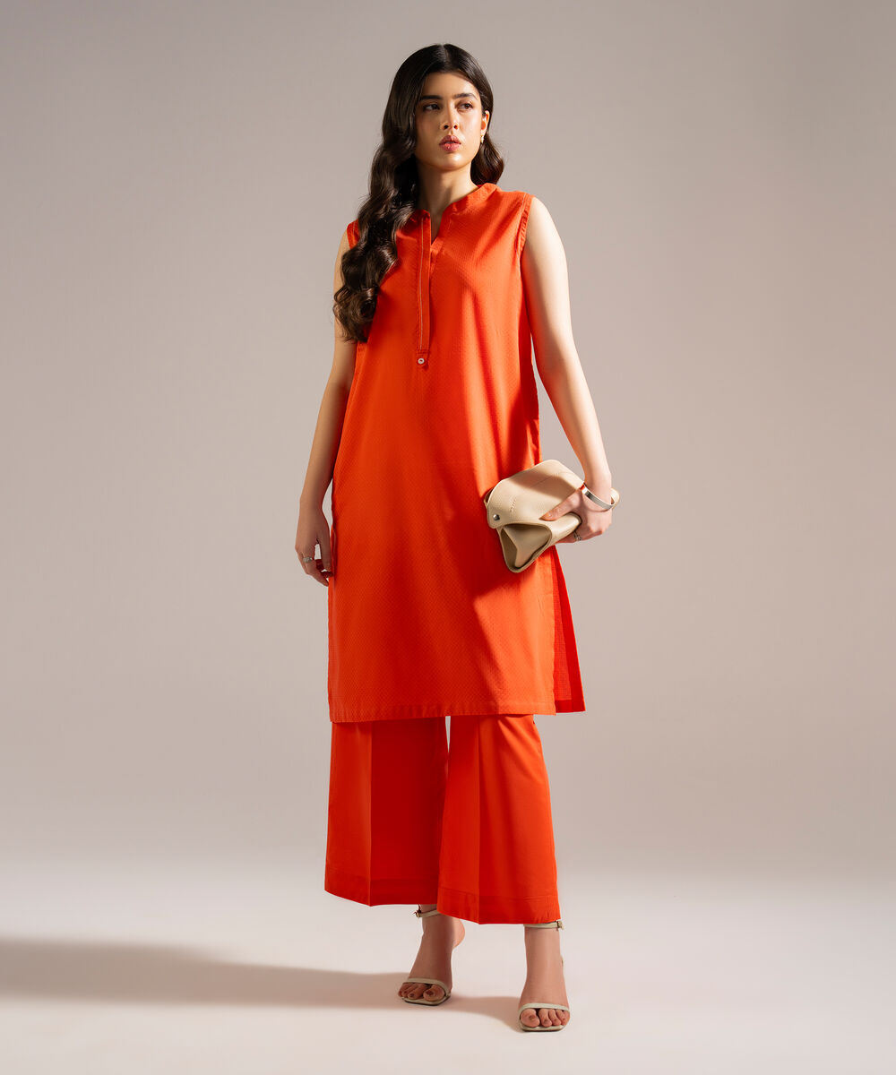 Women's RTW Dobby Solid Orange Straight Shirt