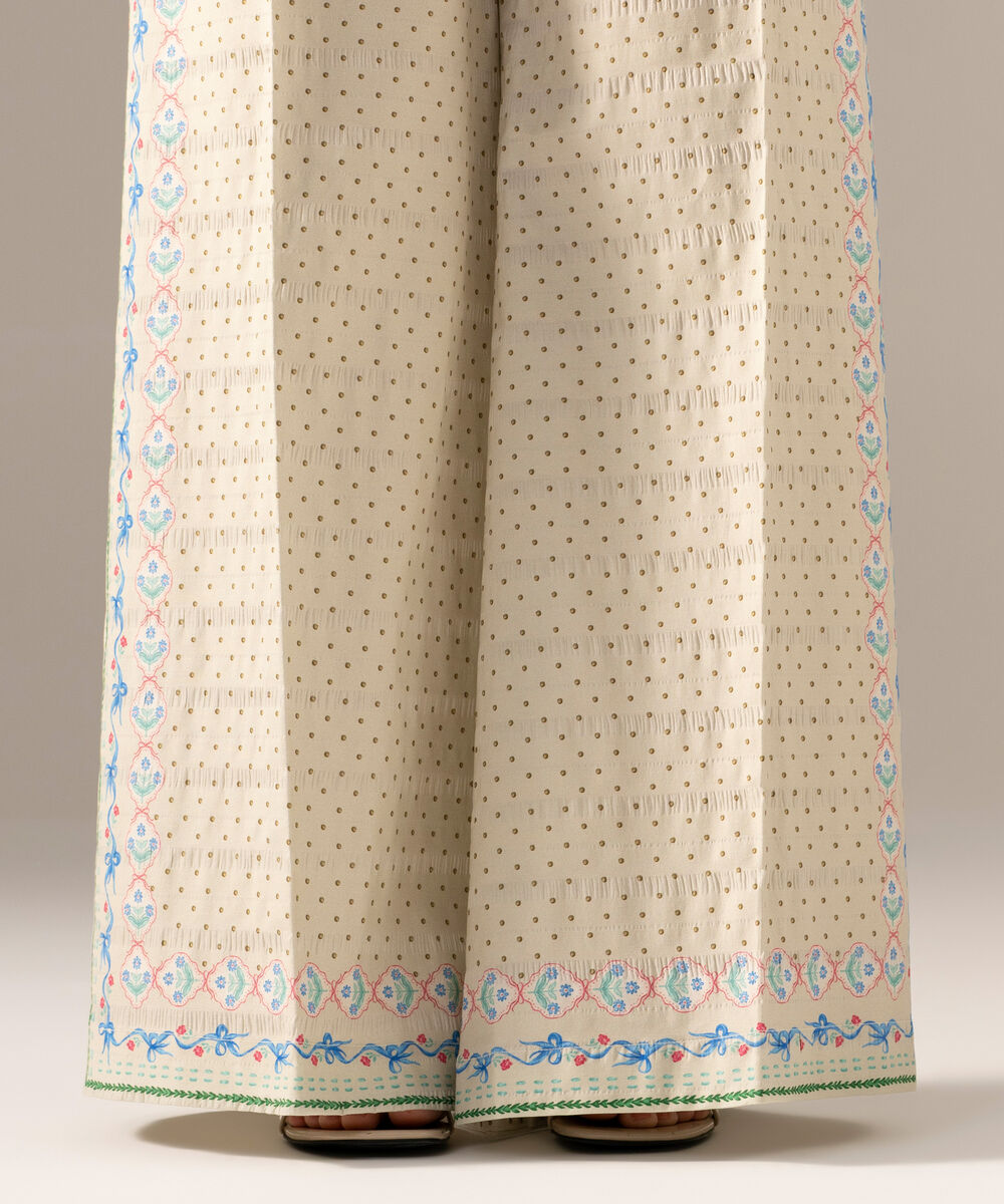 Women's RTW Seersucker Printed Beige Flared Pants