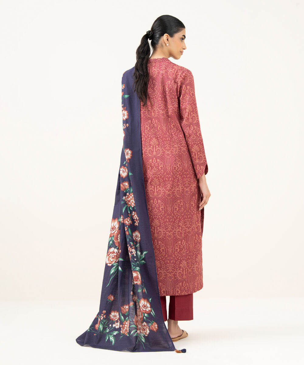 Women's Unstitched Printed Dobby Red 3 Piece Suit