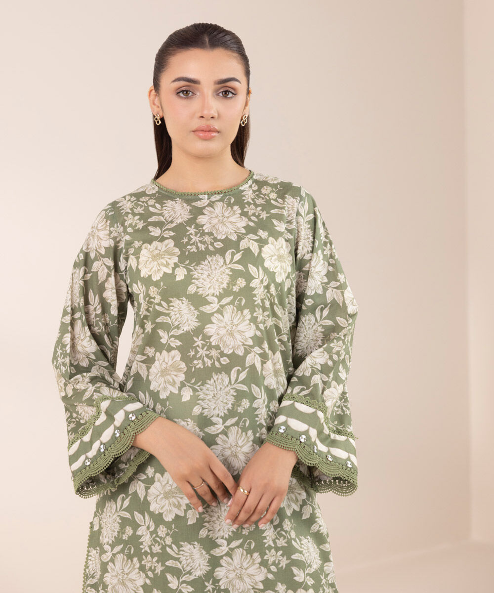 Women's RTW Lawn Green Printed A-Line Shirt