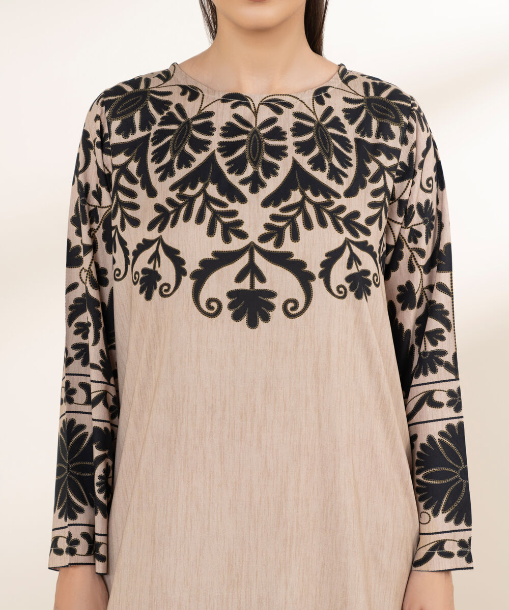 Women's RTW Arabic Lawn Beige Printed A-Line Shirt