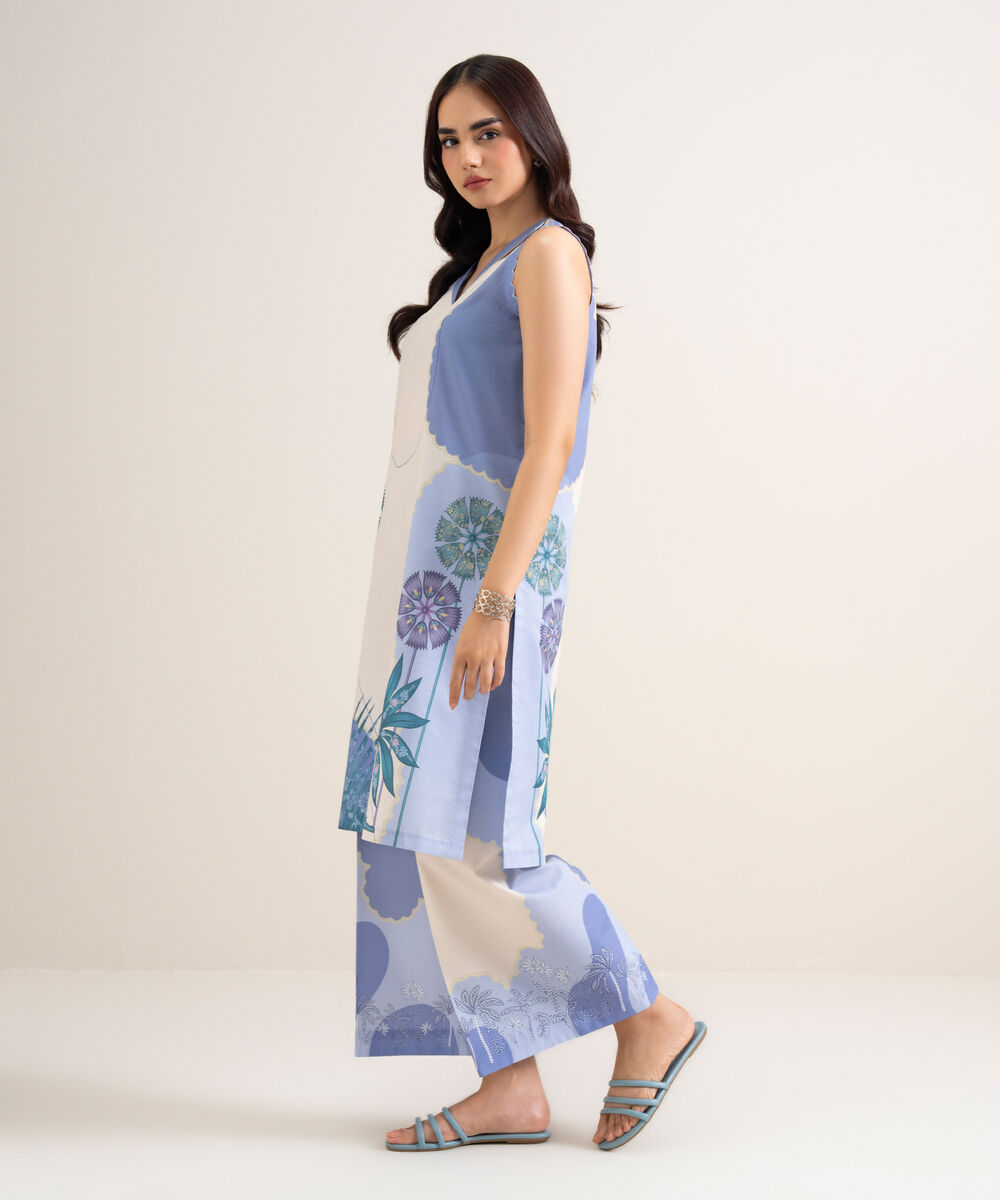 Women's Unstitched Lawn Printed Off White & Blue  2 Piece Suit