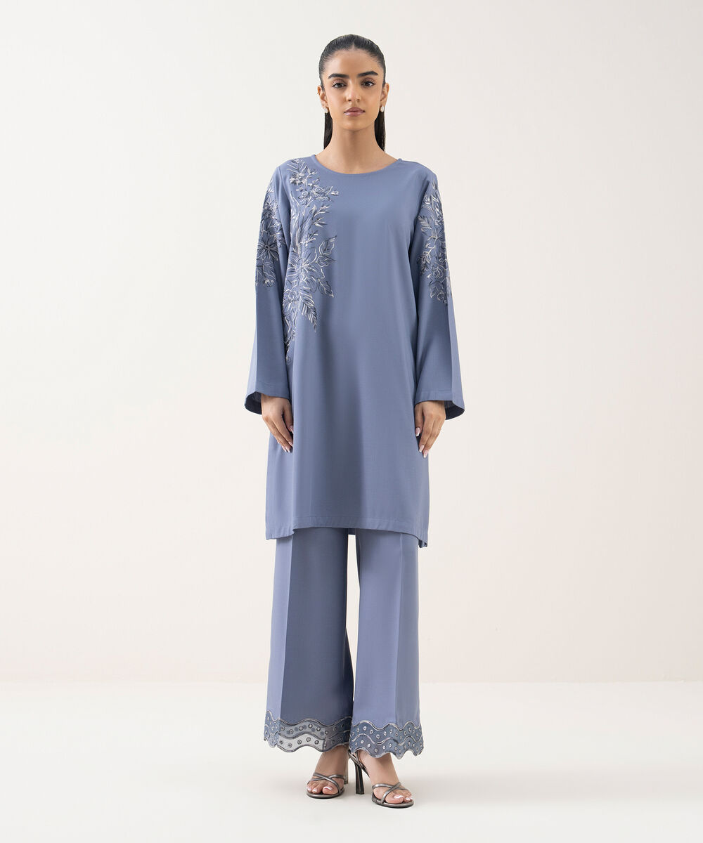 Women's RTW Cotton Viscose Embroidered Blue Straight Shirt
