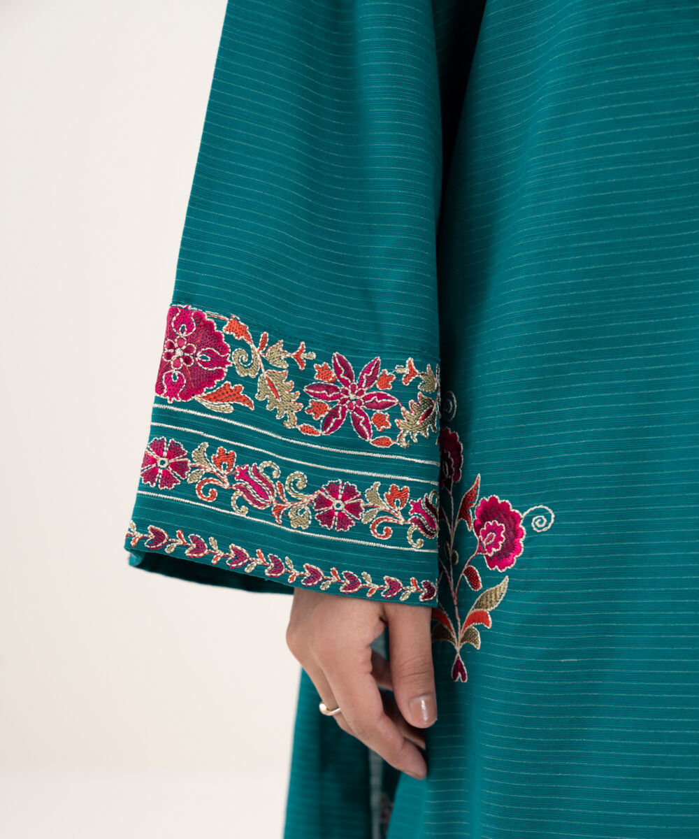 Women's RTW Cotton Embroidered Straight Blue Shirt