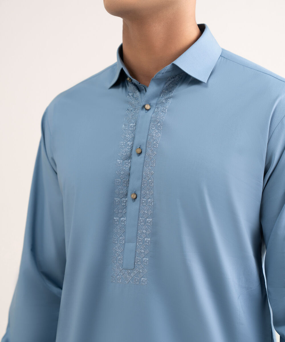 Men'S Stitched Medium Blue Premium Cotton Suit