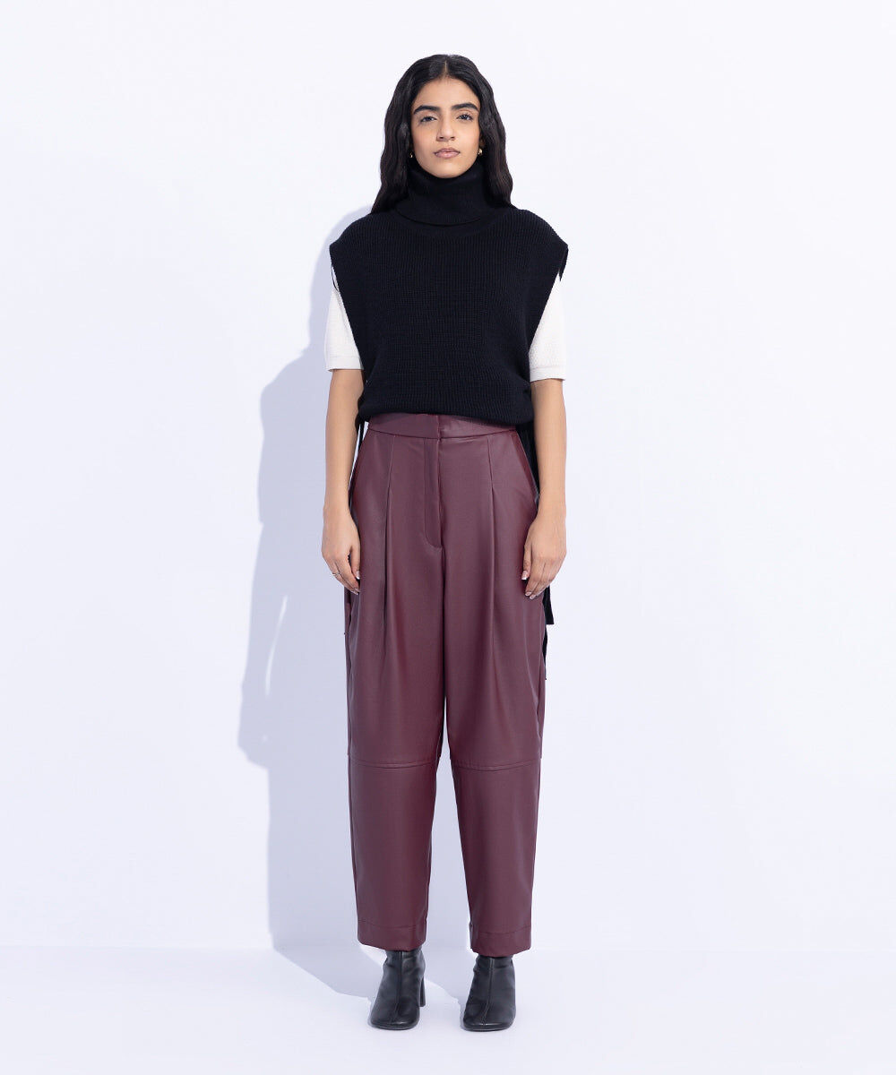 Woman - Red High Waisted Faux Leather Trousers