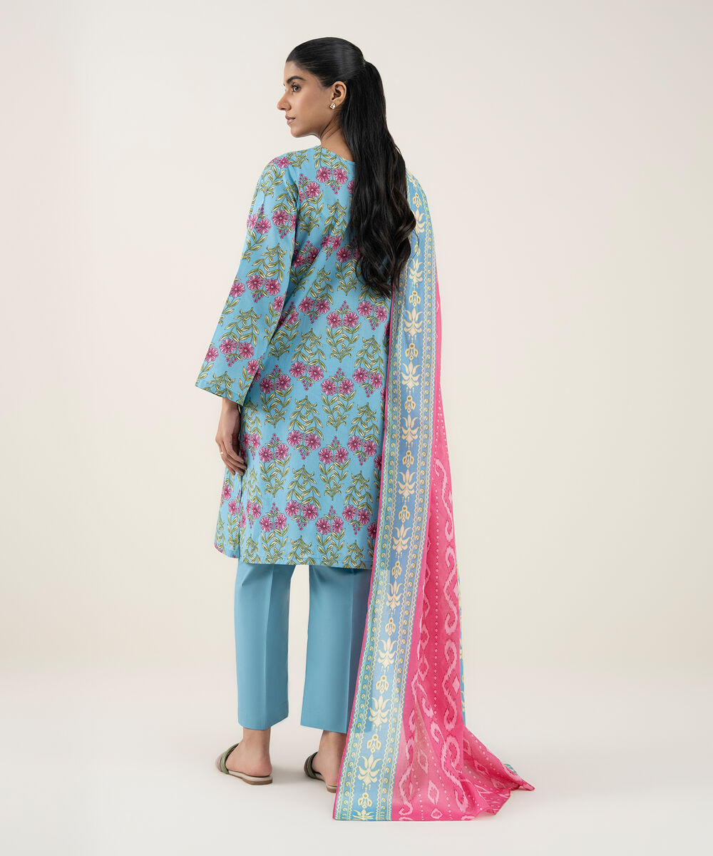 Women's Unstitched Lawn Printed Blue 3 Piece Suit