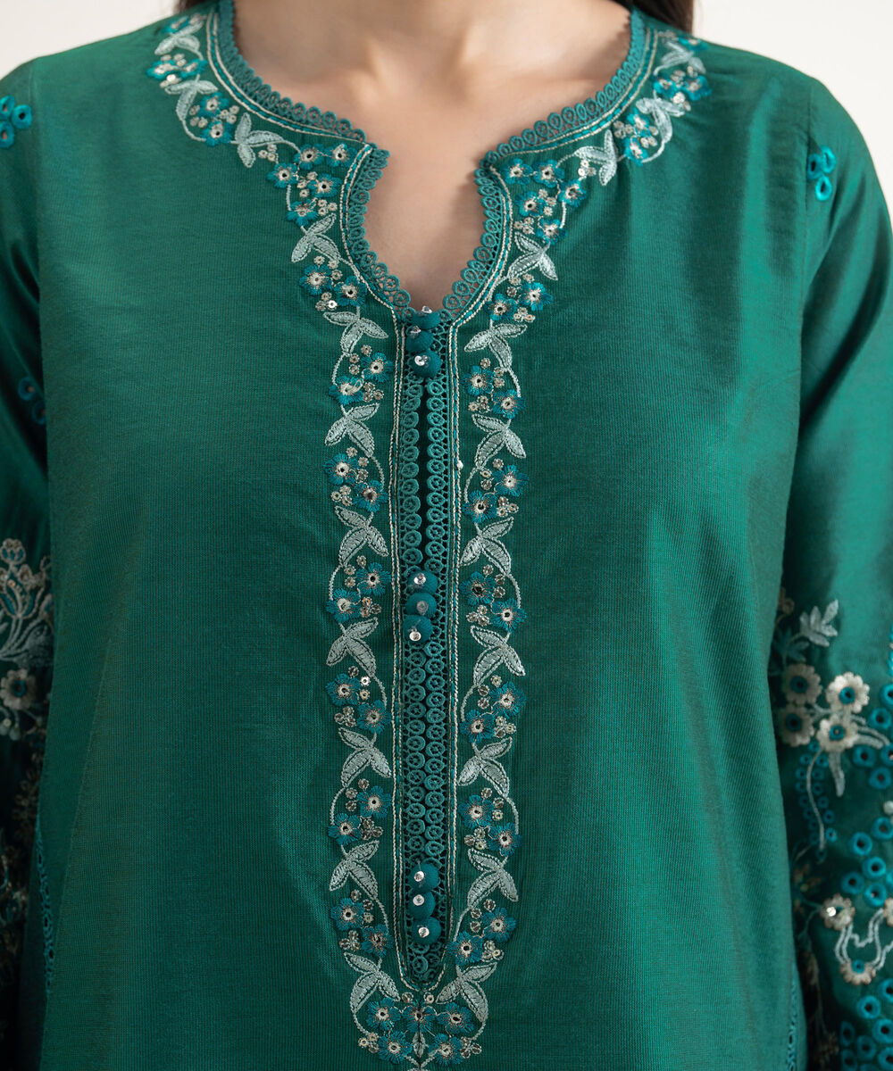 Women's RTW Silk Cotton Net Embroidered Green 3 Piece Suit