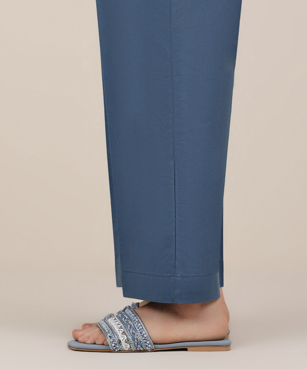 Women's RTW Cambric Blue Solid Straight Pants