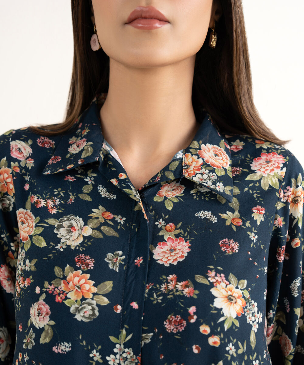 Women's RTW Arabic Lawn Blue Printed Straight Shirt