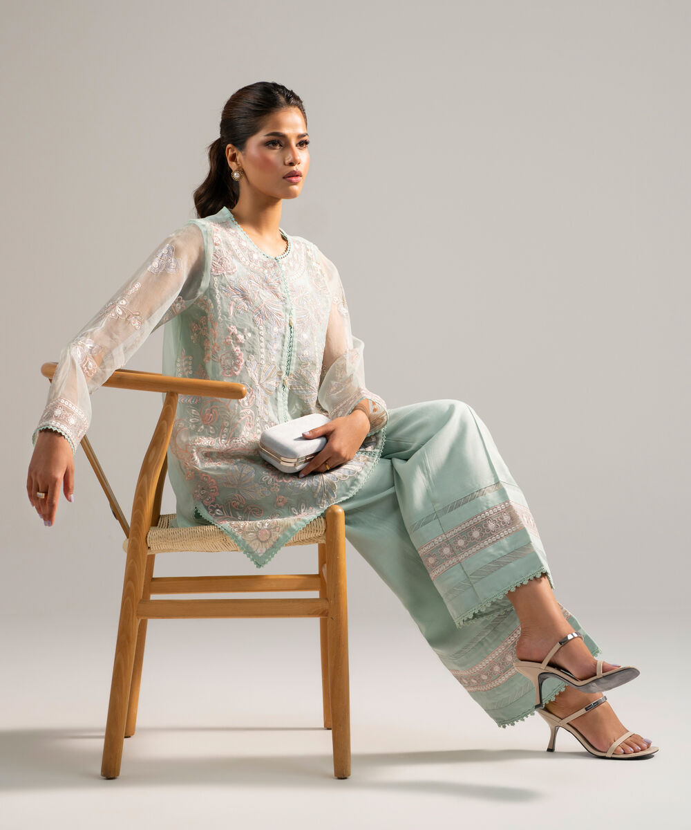 Women's RTW Organza Embroidered Green 2 Piece Suit