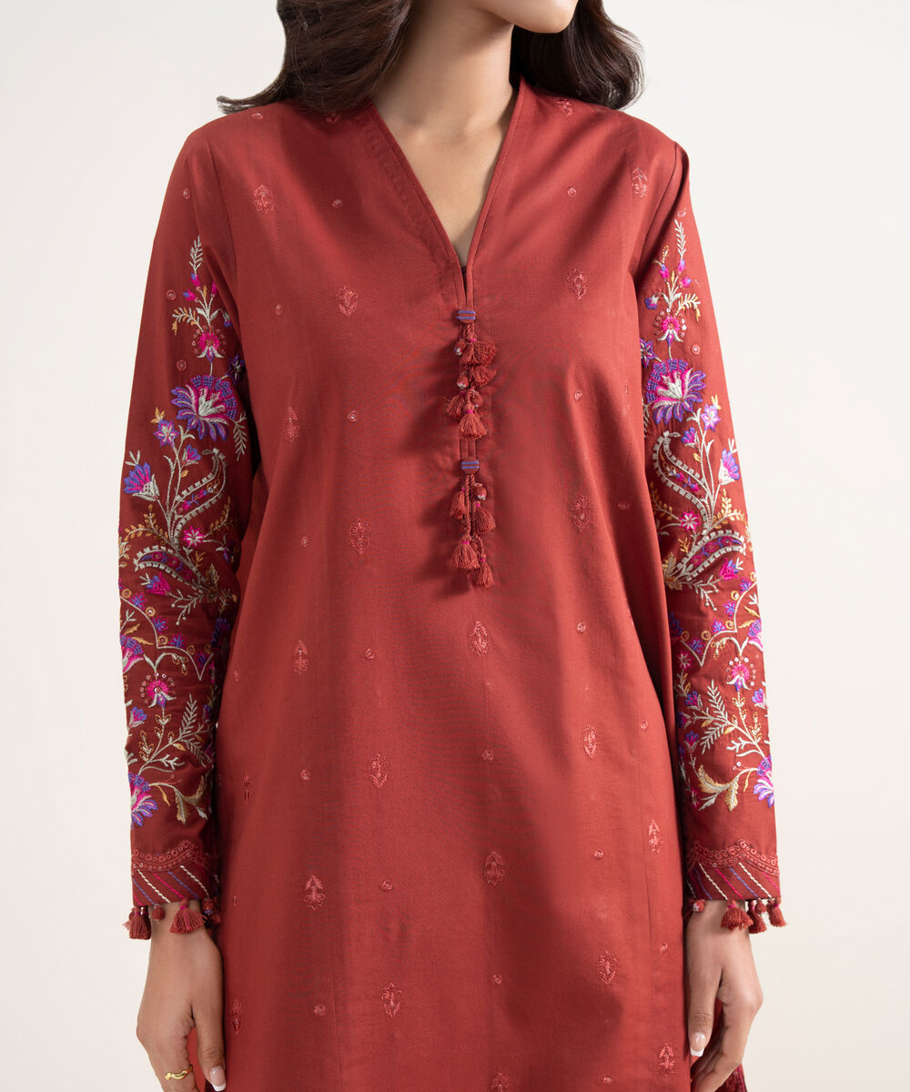 Women's Unstitched Textured Lawn Red Embroidered 3 Piece Suit