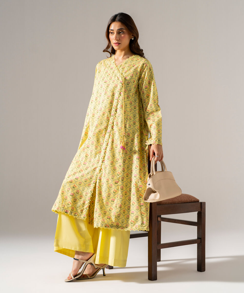 Women's RTW Cambric Printed Pale Yellow Angrakha
