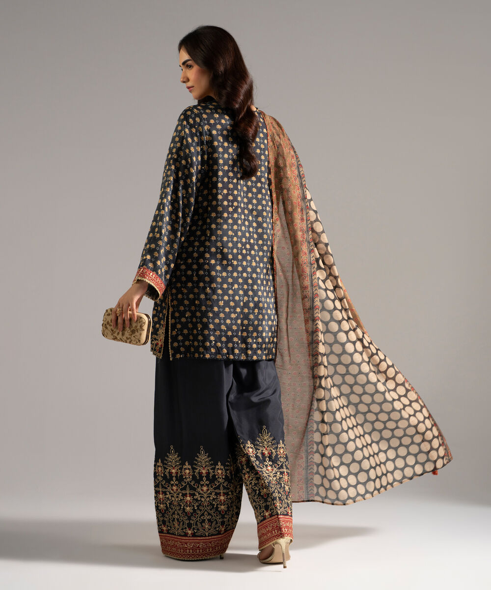 Women's RTW Raw Silk Embroidered Black 3 Piece Suit