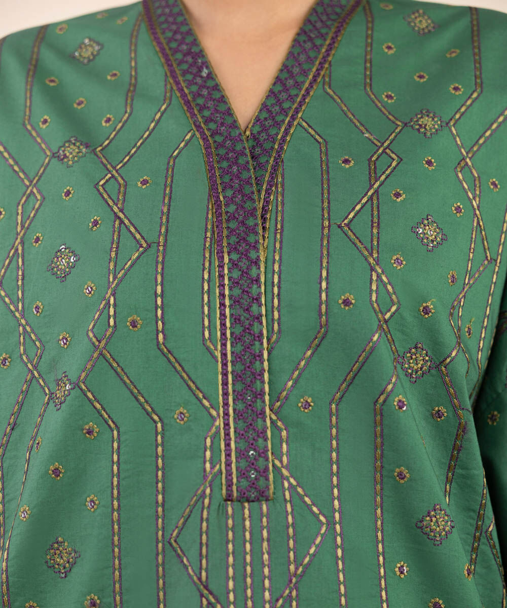 Women's Unstitched Embroidered Cotton Green 3 Piece Suit