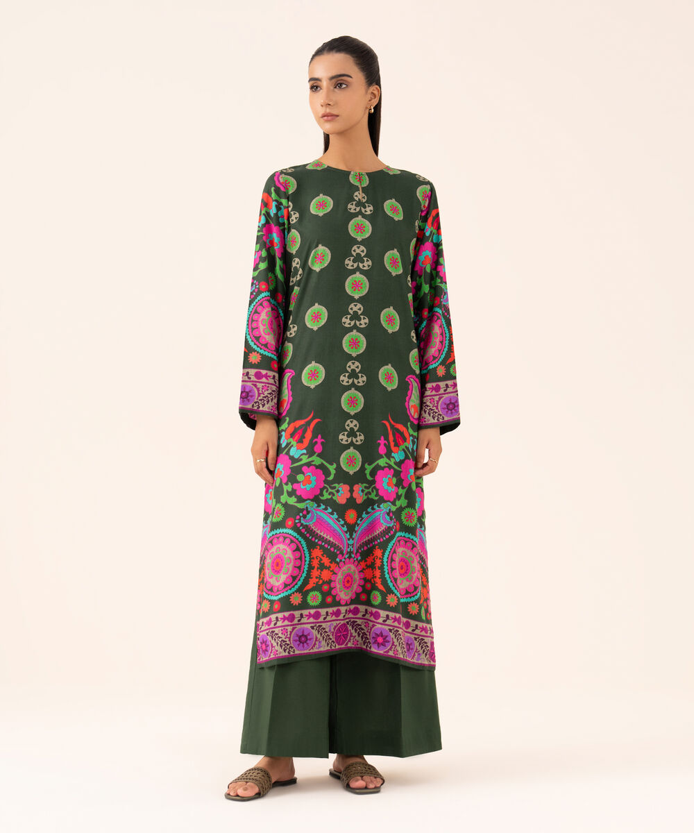 Women's RTW Arabic Lawn Green Printed Drop Shoulder Shirt