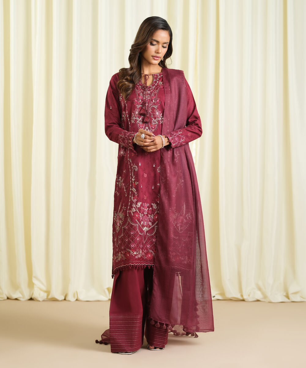 Women's Unstitched Cotton Jacquard Embroidered Pink 3 Piece Suit