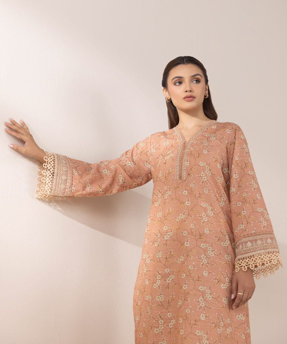 Woman - Pink Embroidered Zari Khaddar Shirt