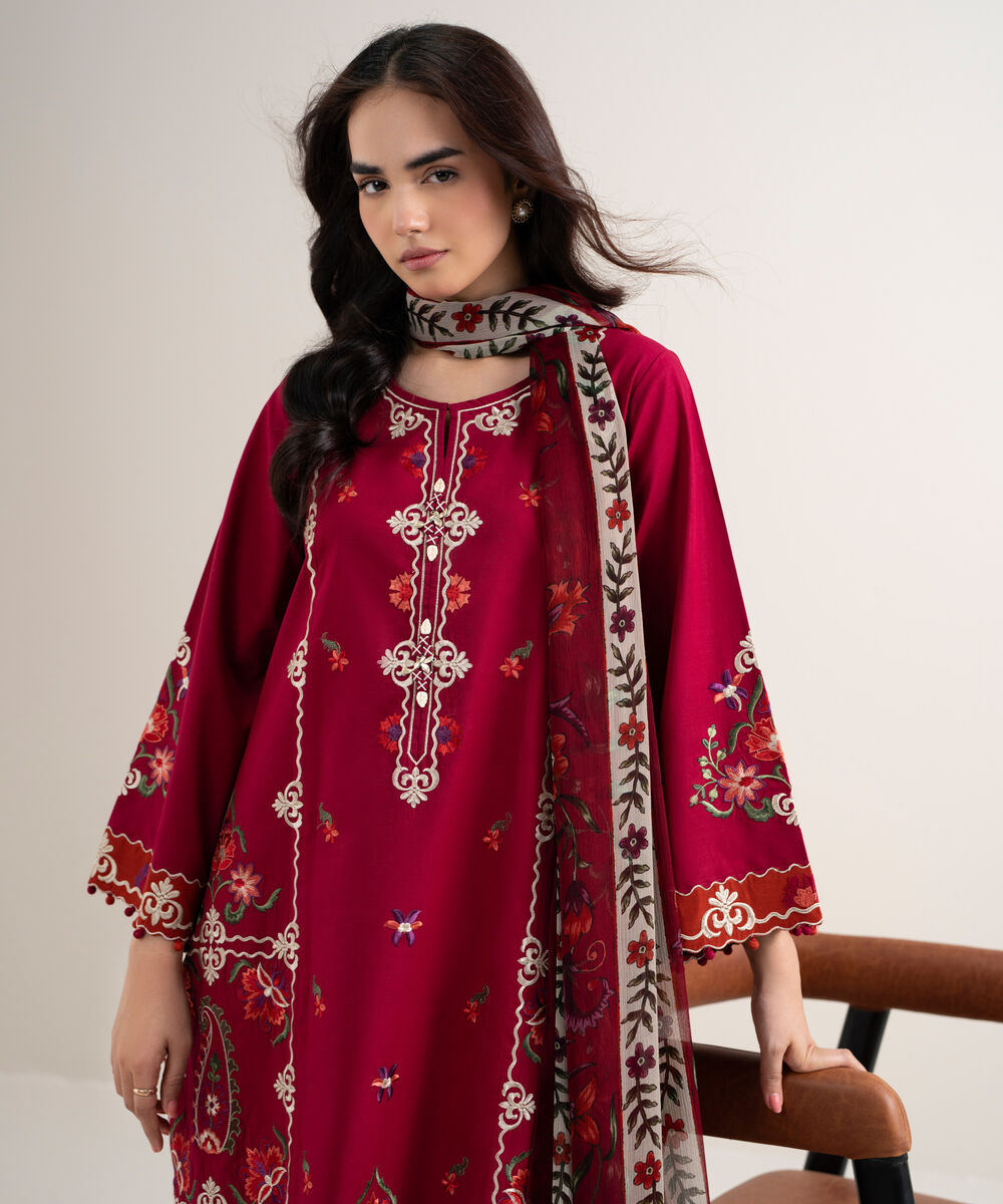 Women's Unstitched Dobby Embroidered Red 3 Piece Suit