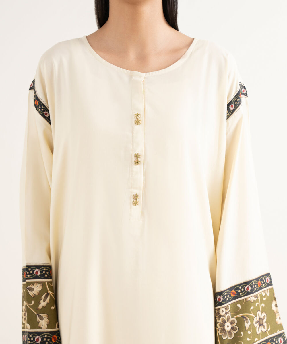 Women's RTW Cotton Viscose Solid Drop Shoulder Off White Shirt