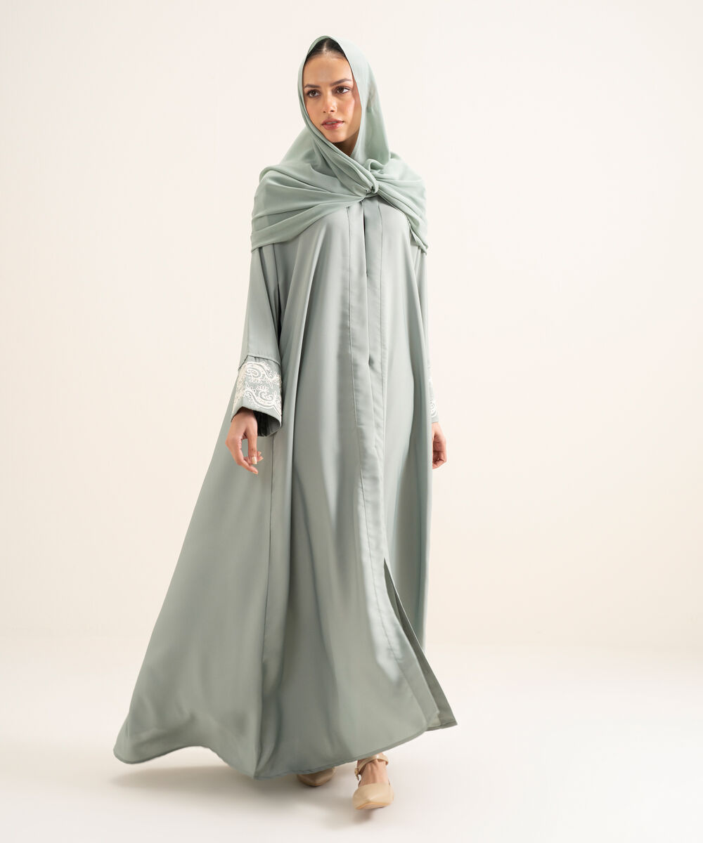 Women's Light Green Embroidered Kimono Abbaya Set