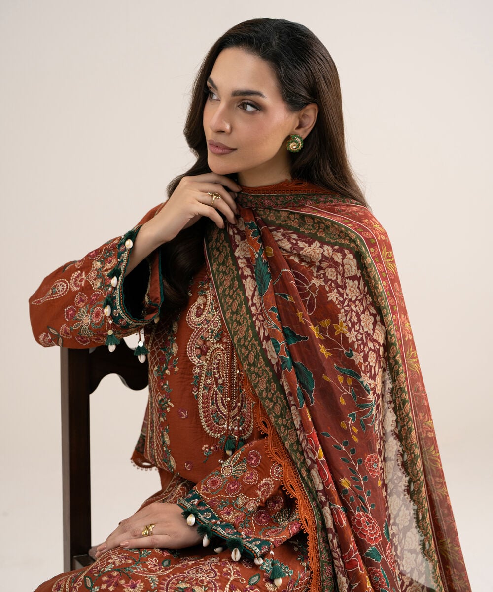 Women's Unstitched Embroidered Fine Cotton Satin Rust 3 Piece Suit