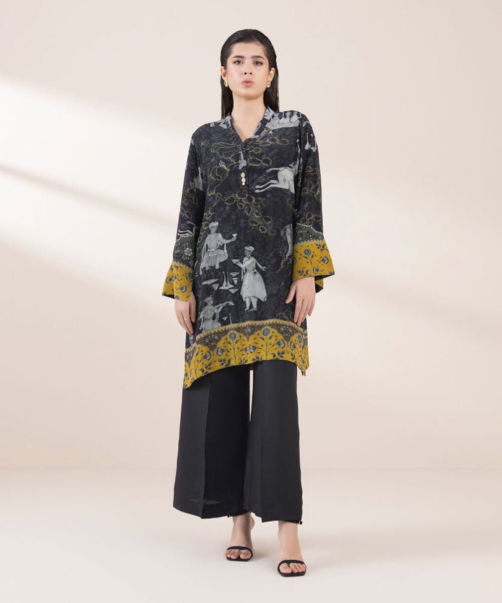 Women's Pret Black 2 Piece Printed Raw Silk Suit