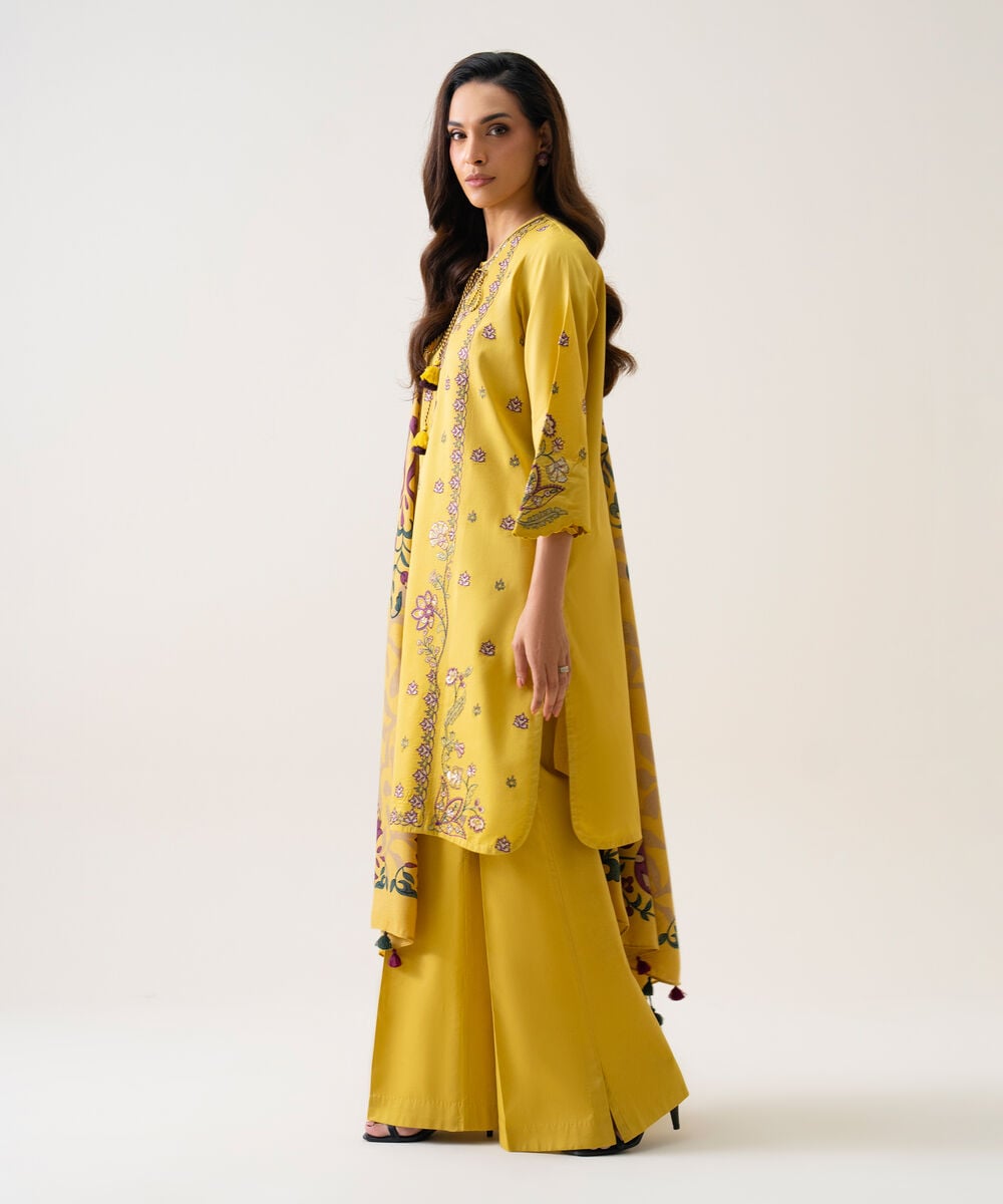 Women's Unstitched Cotton Twill Embroidered Yellow 3 Piece Suit