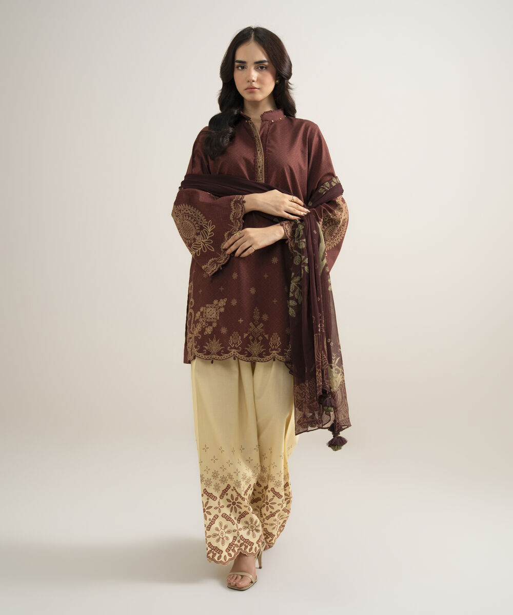 Women's Unstitched Cotton Printed Brown 3 Piece Suit