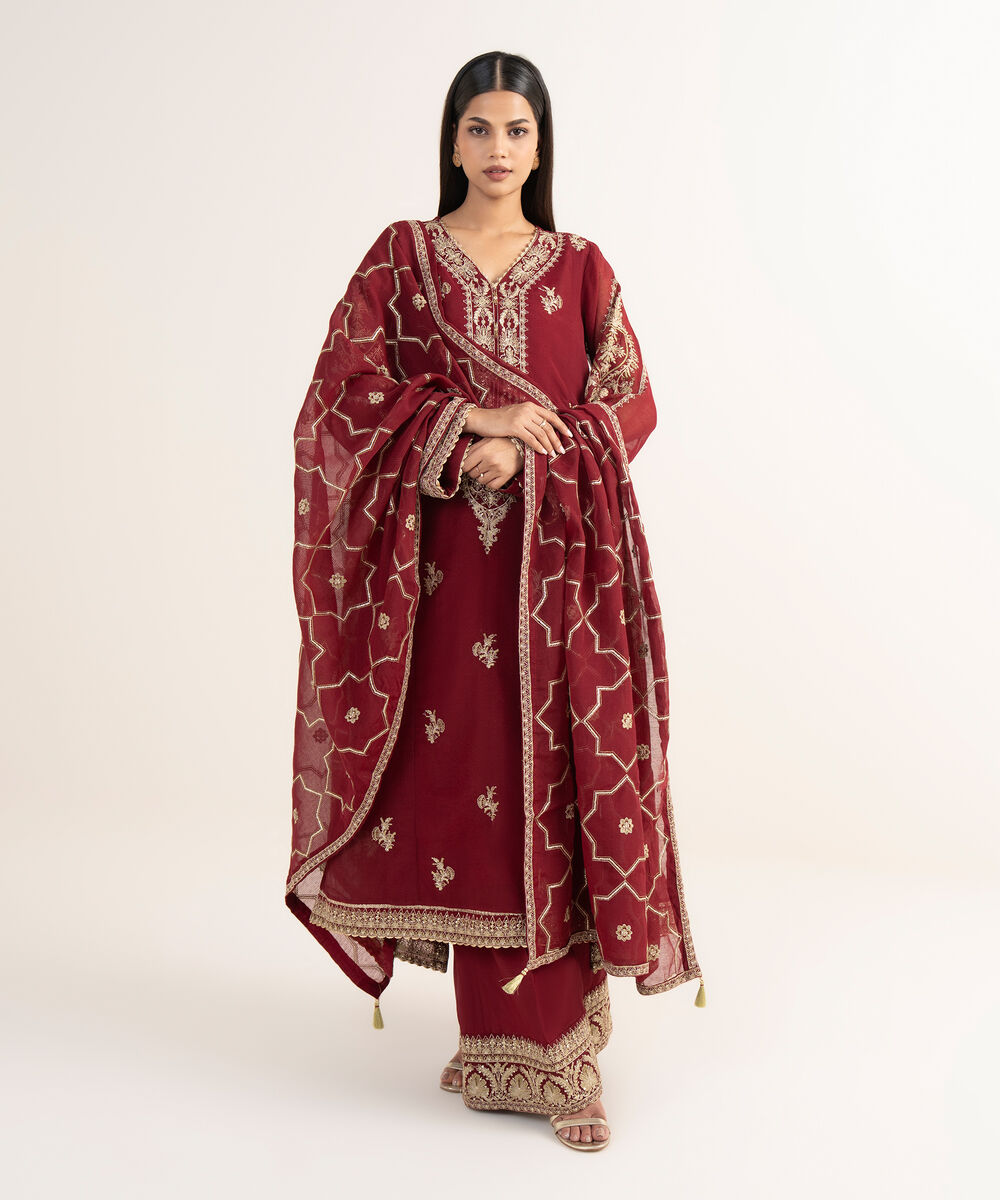 Women's RTW Blended Textured Karandi Maroon Embroidered 3 Piece Suit