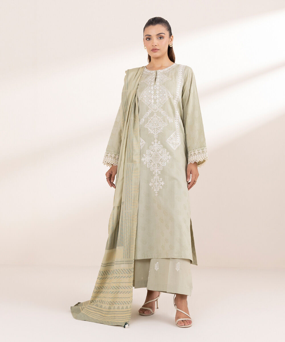 Extra Weft Jacquard Green Solid Dupatta