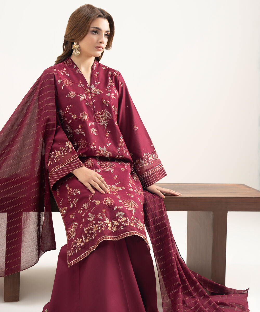 Women's Unstitched Lawn Embroidered Red 3 Piece Suit