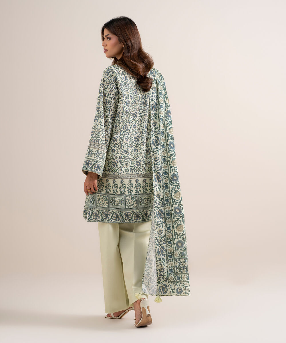 Women's Unstitched Lawn Printed Green and Blue 3 Piece Suit