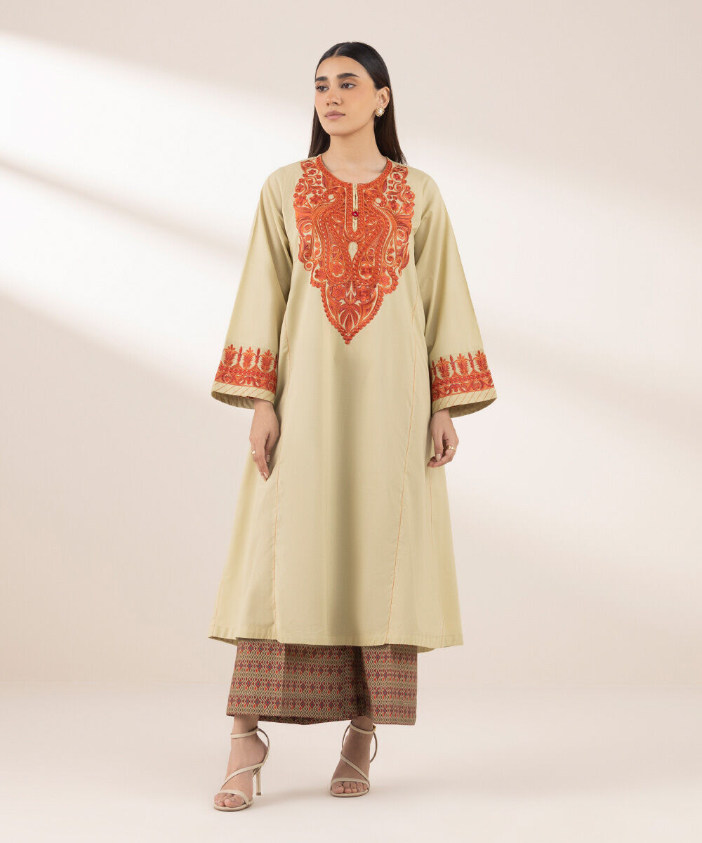 Women's RTW Textured Lawn Yellow Embroidered A-Line Shirt