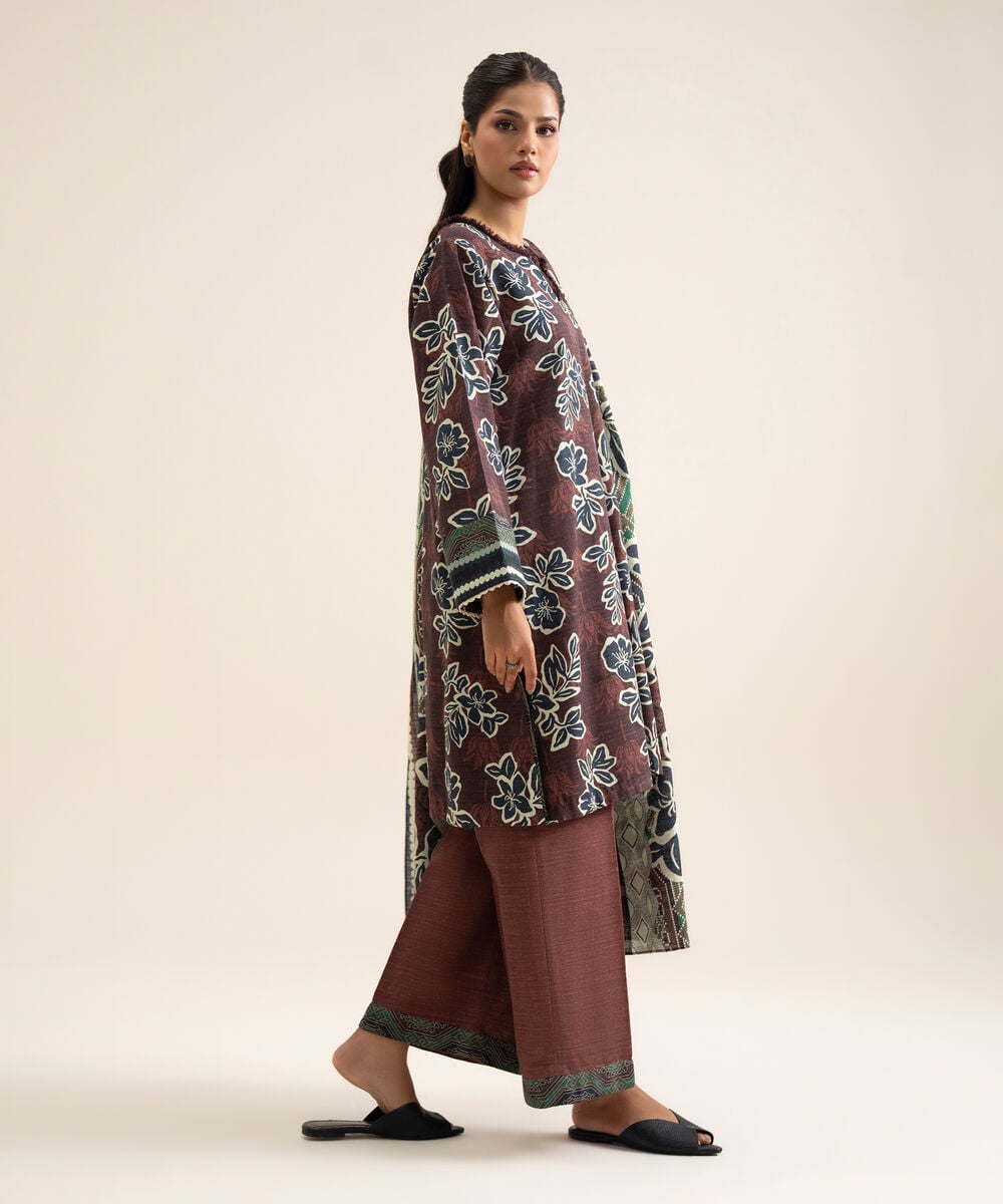 Women's Unstitched Light Khaddar Printed Brown 3 Piece Suit