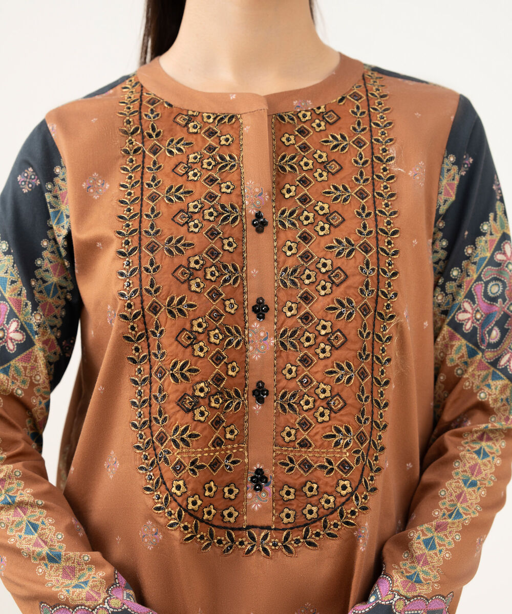 Women's Unstitched Fine Cotton Satin Embroidered Brown  3 Piece Suit