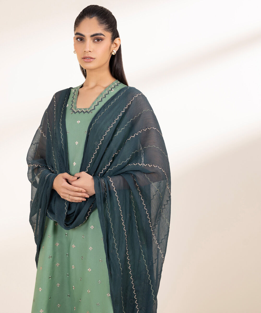 Unstitched Women's Embroidered Fine Cotton Satin Green Three Piece Suit