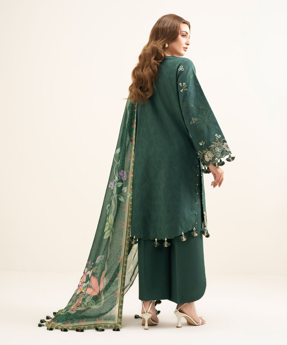 Women's Unstitched Cotton Jacquard Embroidered Green 3 Piece Suit