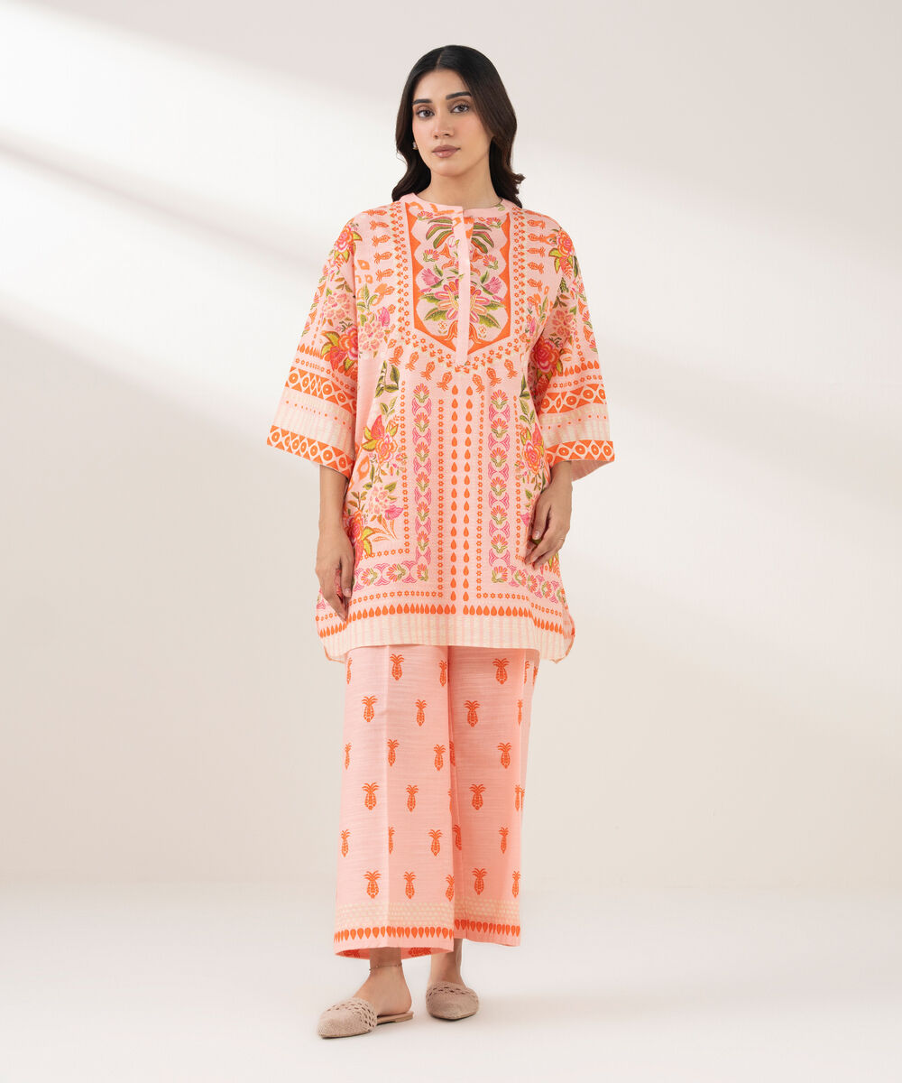 Women's RTW Light Khaddar Printed Straight Orange Shirt