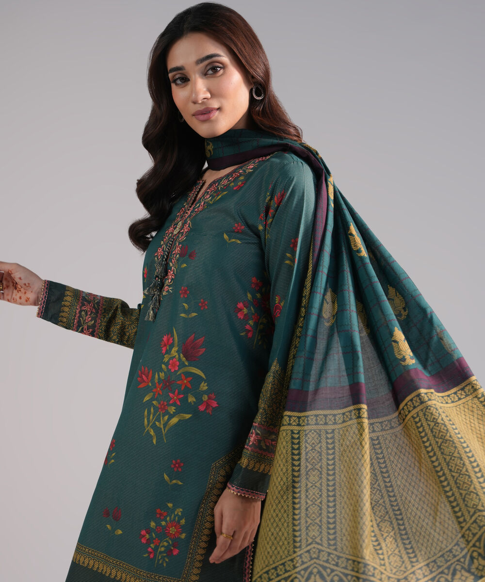 Women's RTW Zari Lawn Embroidered Green 3 Piece Suit