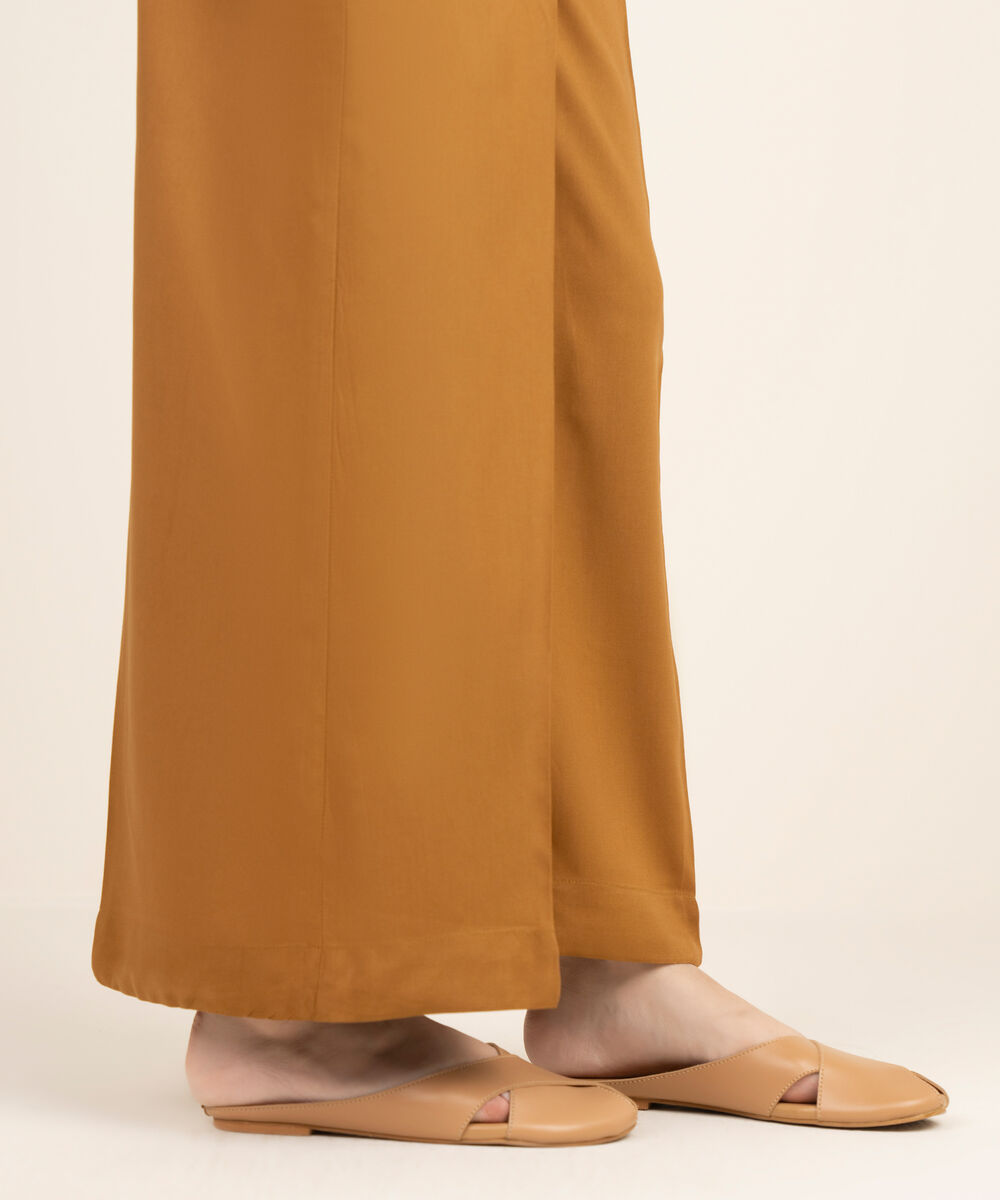 Women's RTW Viscose Linen Solid Brown Flared Pants